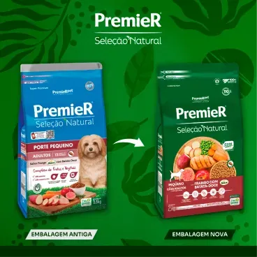 Nova embalagem Racao Premier Selecao Natural Caes Adultos Racas Pequenas Frango com Batata Doce